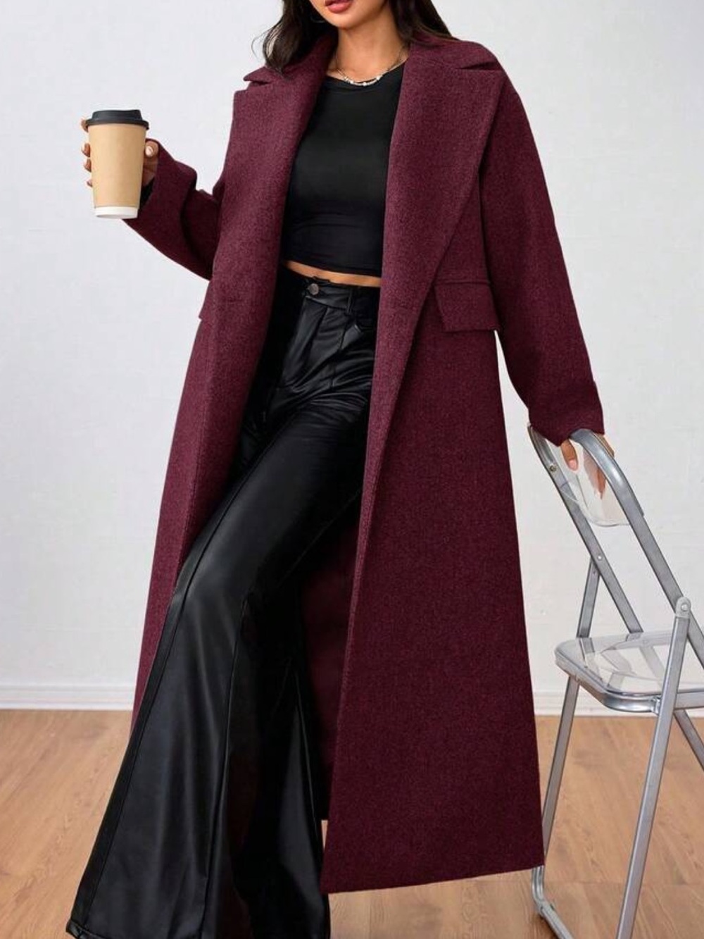 Burgundy Casual Women's Lapel Long Coat